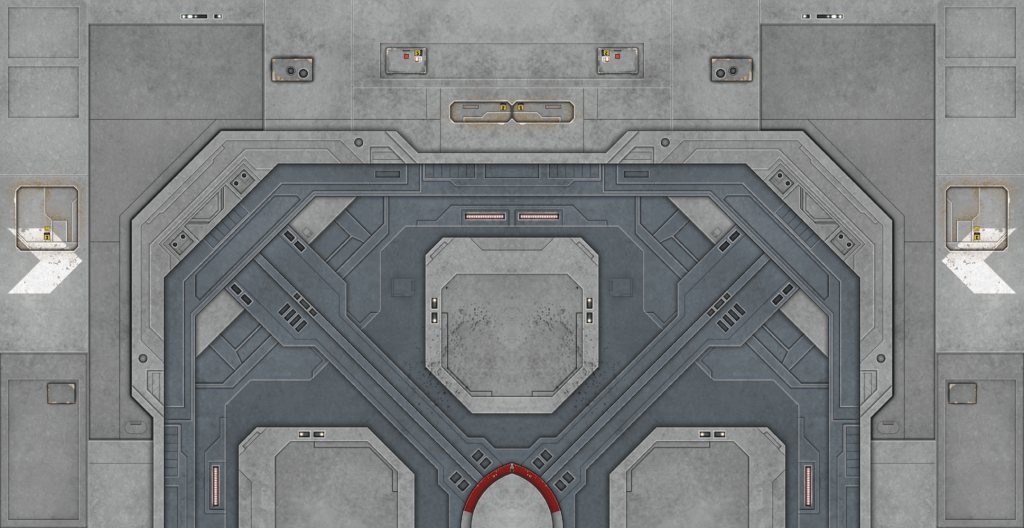 Top-down view of a futuristic, industrial floor panel with geometric patterns, featuring grey textures, metallic borders, and sections for machinery and wiring.